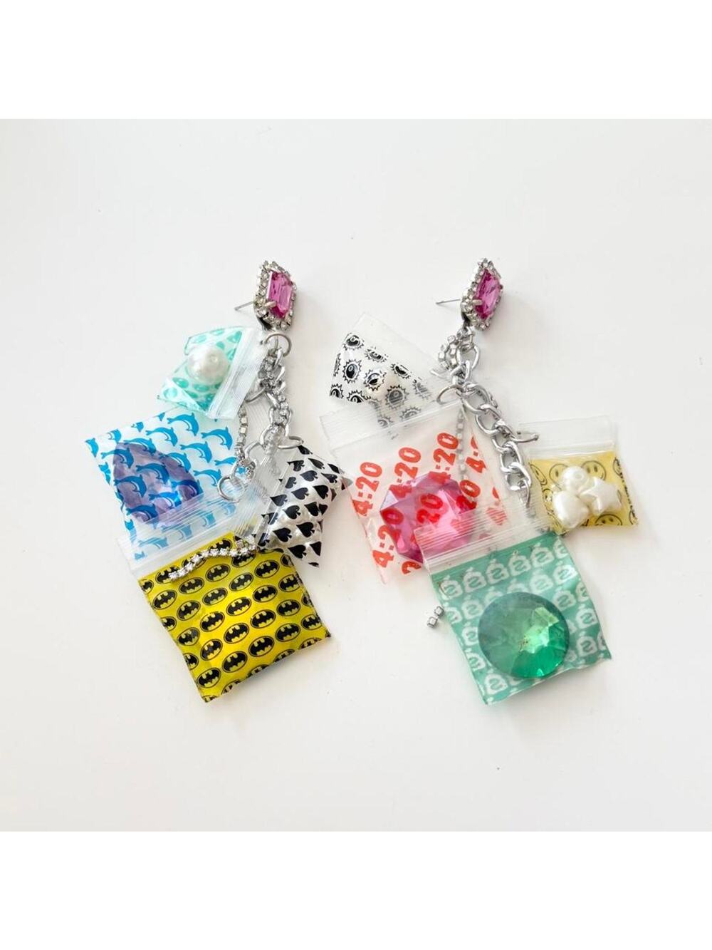 ✦ ⋆｡˚ laser kitten baggie gem earrings ♡ one of a kind ✦